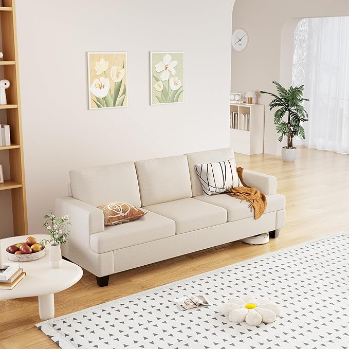 Furnimart 85 inch Deep Seat Sofa, Modern 3 Seater Couch, Beige Linen Sofa, Comfy Cloud Couch for Living Room, Cozy Fluffy Sofas with Removable Sofa Cover, Small Couches for Small Spaces
