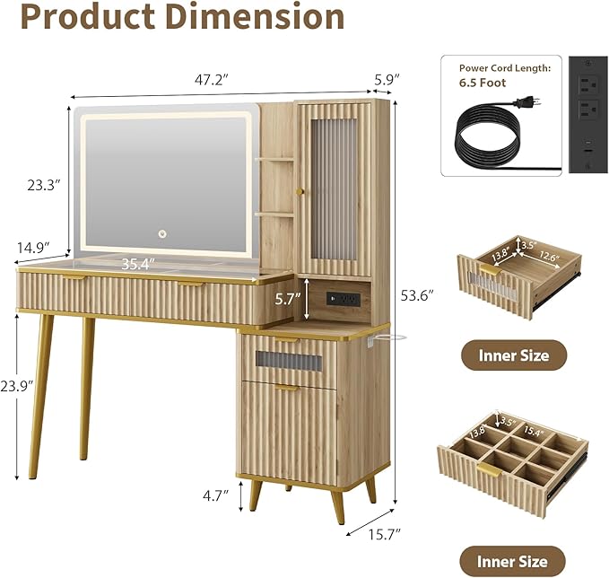 QUW Fluted Makeup Vanity Desk with Mirror and Lights, Modern Glass Top Vanity Table with Charging Station, Vanity Mirror 3 Lighting Modes Adjustable Brightness, Dressing Table for Bedroom, Natural Oak