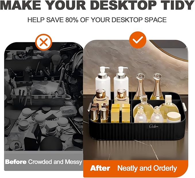 DASITON Large Capacity Makeup Organizer,12 Slots Makeup Brush Holder,Makeup Storage with Handle,Vintage Striped Cosmetic Organizer for Bathroom Countertops,Desk Storage Container(Black)