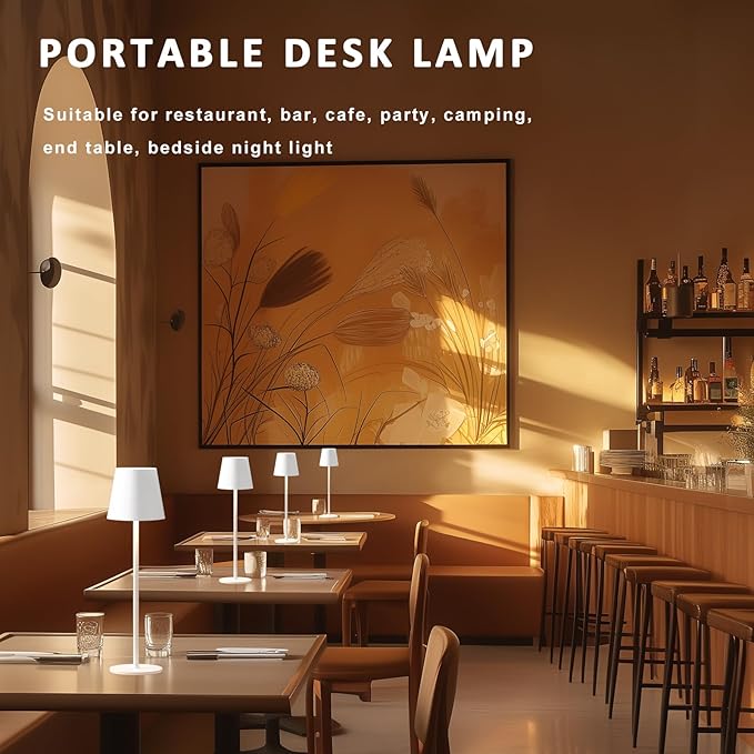 Kakanuo Cordless Table Lamp, Battery Operated Lamp, Portable Desk Lamp, Wireless Rechargeable Lamp, 3 Color Stepless Small Table Lamp for Restaurant, Bar, Party, Camping and Bedroom - White