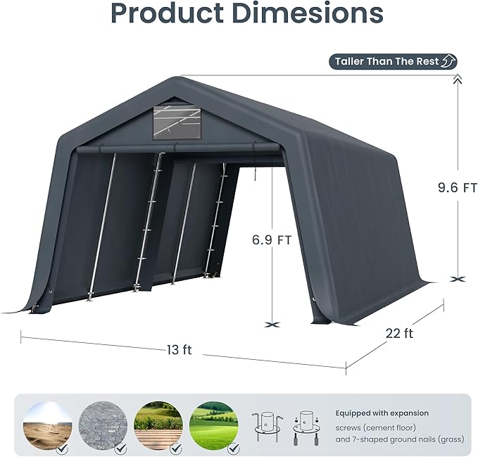 PHI VILLA 13'X22'X9.6' Outdoor Portable Storage Shelter Shed Garage with Roll up Zipper Doors & Vents Carport for Motorcycle Waterproof and UV Resistant Anti-Snow Portable Garage Kit Tent, Gray