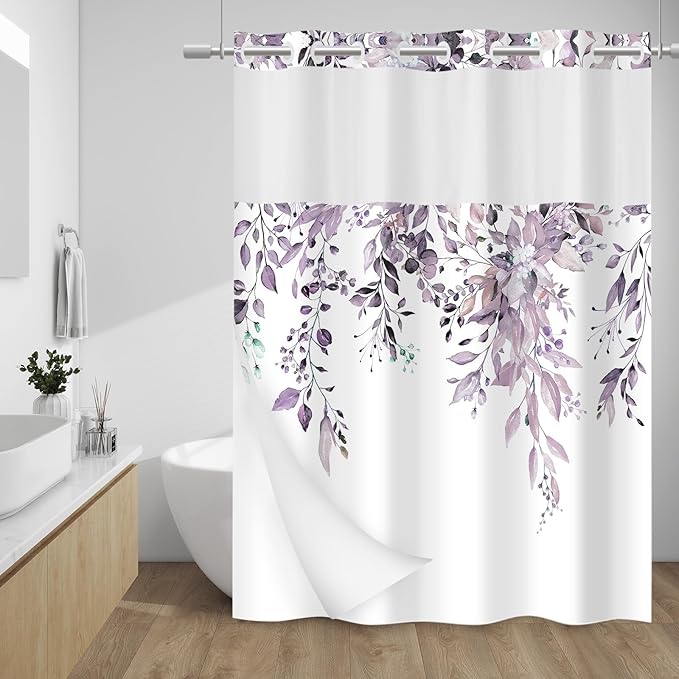 No Hook Shower Curtain with Snap in Liner - Eucalyptus Shower Curtain - Washable Waterproof Inner Liner, Plants Plum Leaves Modern Shower Curtains - Machine Washable, 71 x 74