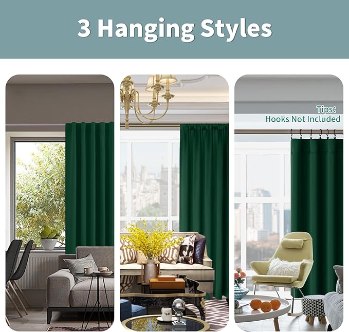 BGment 100% Thermal Insulated Blackout Curtains 63 Inches Long with Liner, Rod Pocket and Back Tab Double Layer Noise Reduce Room Darkening Curtains for Bedroom (42 x 63 Inch, 2 Panels, Emerald)