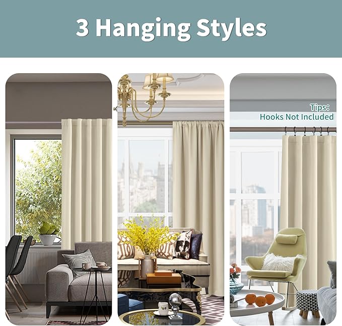 BGment Beige Full Blackout Curtains with Thermal Insulation Liner Curtains 63 Inches Long，Rod Pocket and Back Tab Double Layer Room Darkening Window Curtain for Bedroom(52 x 63 Inch, 2 Panels, Beige)