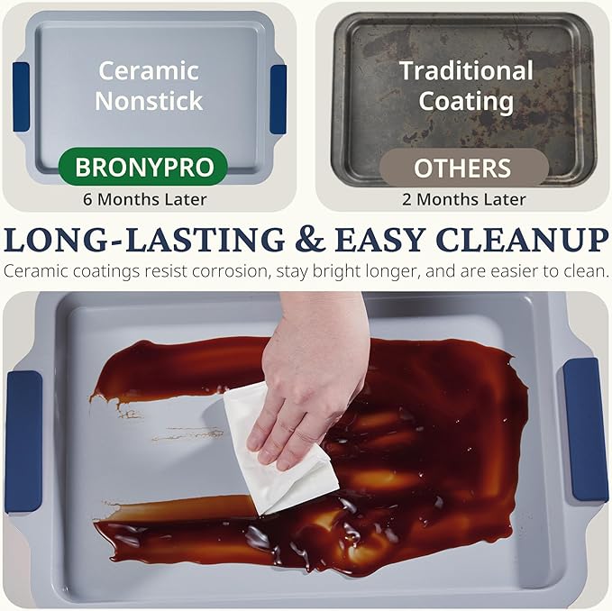 BRONYPRO Nonstick Ceramic Bakeware Set (9 Pieces),Heavy Duty Aluminized Steel Bakeware-Baking Pans Set with Silicone Handles,Includes Sheet Pans,Loaf Pan,Muffin pan,Cake pans,PTFE & PFOA Free - Blue