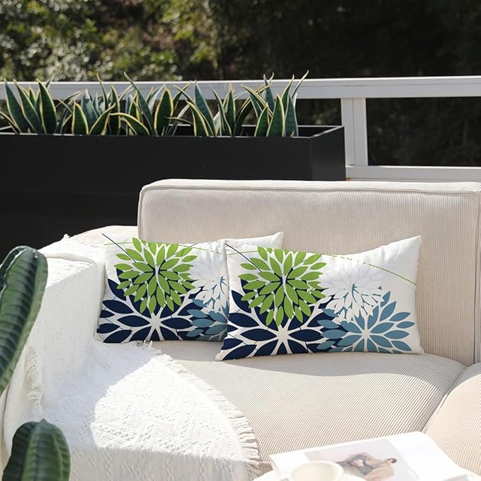DFXSZ Outdoor Throw Pillow Covers 12x20 Inch Set of 2 Waterproof Spring Summer Geometric Elegant Blue Green Outdoor Pillow Covers for Patio Funiture Garden Couch 158Y12