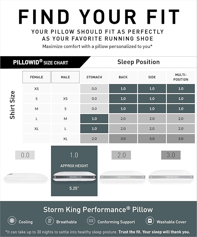 Bedgear Storm King Performance Pillow - Size 1.0 - Cooling Bed Pillow for Hot Sleepers - Medium Pillow for All Sleep Positions, Hypoallergenic, Washable & Removable Cover - 20" W x 36" L x 5.25"