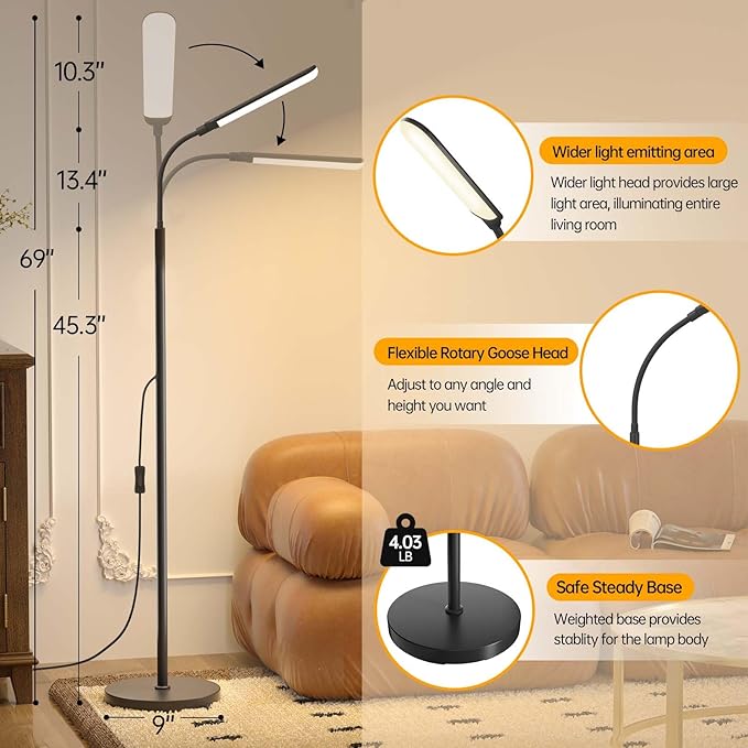 LED Floor Lamp, 18W Super Bright Floor Lamp for Living Room, Adjustable Stepless Colors & Brightness Gooseneck Standing Lamp, Eye Caring Reading Light with Remote& Touch Control for Bedroom Office