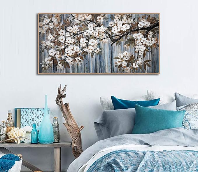 Large Canvas Framed Wall Art White Flowers Modern Canvas Wall Pictures for Living Room, Bedroom Family Wall Decor Decoration, Size 24x48 Wall Art(With Soild Wood Dark Framed)
