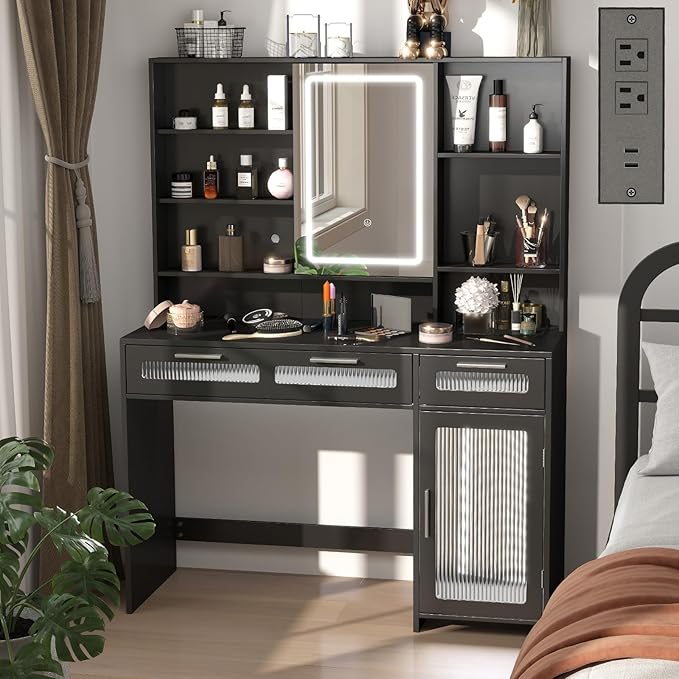 Hadulcet Vanity Desk with Mirror and Lights, LED Vanity with Power Outlet, Makeup Vanity with 2 Drawers, 10 Storage Shelves and Acrylic Door Cabinet for Bedroom Dressing Room, 43" Black