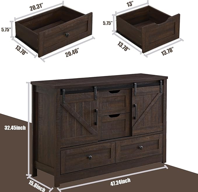 Farmhouse Dresser for Bedroom, 4 Drawers with Sliding Barn Door, 48" Wide 4 Chest of Drawers, Storage Organizer Dresser for Bedroom, Hallway, Living Room, Kids Room, Espresso