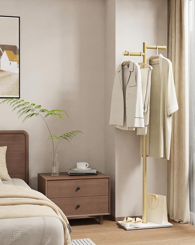 Free-standing Metal Coat Racks, Modern Garment Rack, Z-shaped Coat Tree with Natural Rock Base, for Bedroom, Office, Hallway, Entryway, Living Room, 68.9in, Gold