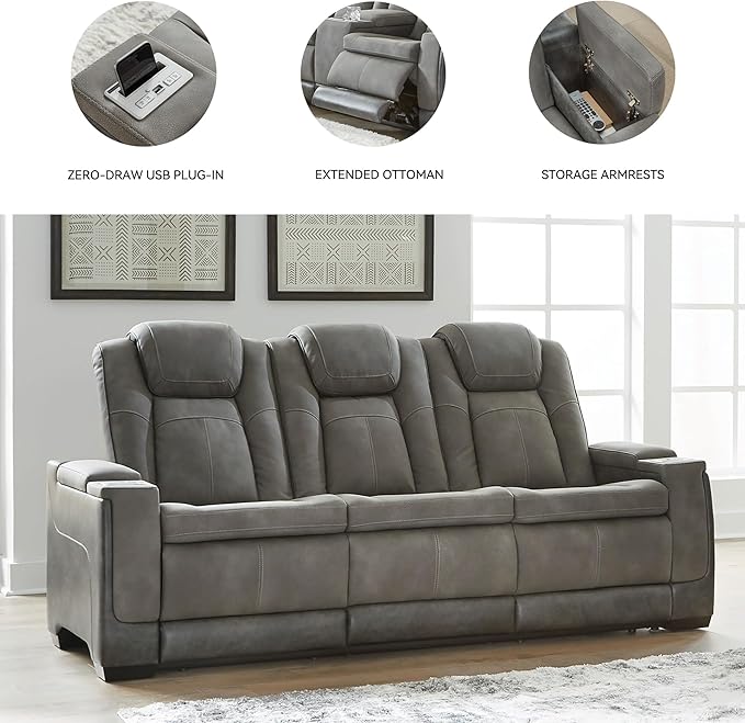 Signature Design by Ashley Next-Gen DuraPella Modern Faux Leather Power Reclining Sofa with Adjustable Headrest, Gray
