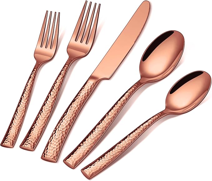 Hammered Silverware Set for 8,Ollex 40-Piece Rose Gold Flatware Cutlery Set with Stainless Steel Spoon Knives Forks Tableware Set, Mirror Finished&Dishwasher Safe