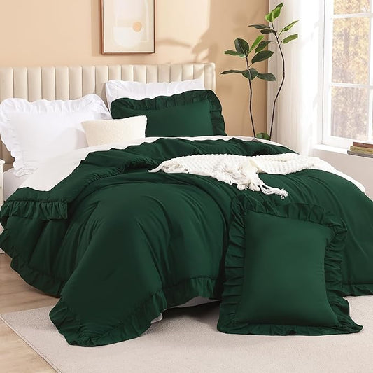 Litanika Dark Emerald Green Queen Comforter Set, 3 Pieces Boho Vintage Solid Forest Ruffle Bedding Set, All Season Lightweight Bed Set (90x90In Comforter & 2 Pillowcases)
