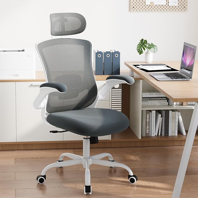 Ergonomic Office Chair with Adjustable Lumbar Support & Headrest, High Back Mesh Desk Chair with Flip-Up Armrests, Breathable & Comfortable Computer Chair for Home, Office & Study –Grey