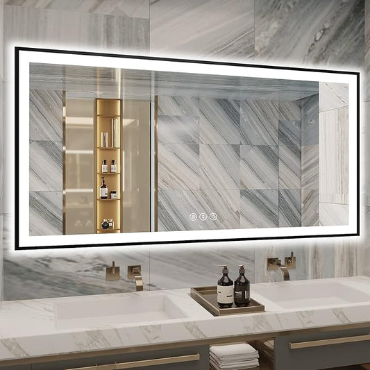 72x36 Bathroom Mirror With Lights - Black Aluminum Framed (Front and Backlit), Anti-Fog LED Lighted Bathroom Mirror,Stepless Dimmable Vanity Mirror,3 Colors Smart Mirror(Horizontal/Vertical)