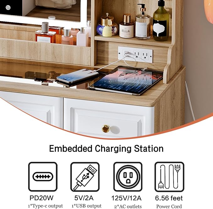 43" Makeup Vanity Desk with Mirror and Lights, & Power Outl, Glass Top Big Vanity Table with 9 Drawers& 8 Storage Shelves, Dressing Table Set with Chair for Bedroom, White+Oak