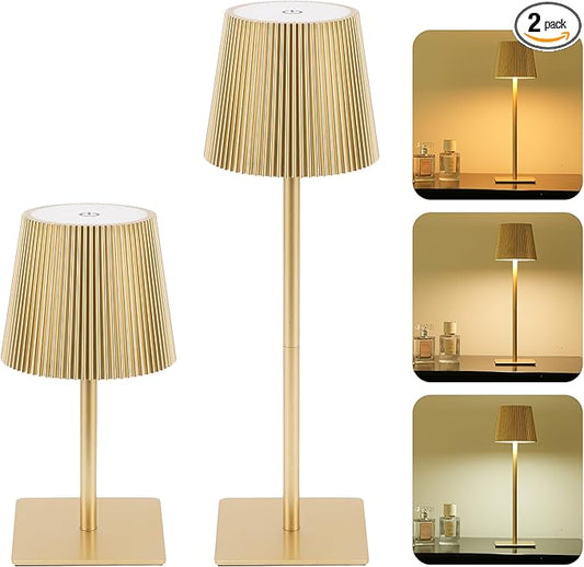 LUTEC 2 Pack Cordless Table Lamp,6000mAh Rechargeable Battery Operated Desk Lamp,Two Adjustable Heights,Waterproof, Touch Control & 3 Color Stepless Dimming for Restaurant/Bedroom/Bars/Outdoor (Gold)