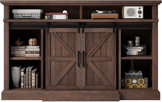 AMERLIFE 66" W Farmhouse TV Stand, Wood 40" H Tall Entertainment Center with Sliding Barn Door & Large Storage Shelves, Rustic Media Console for TVs up to 75", Reclaimed Barnwood