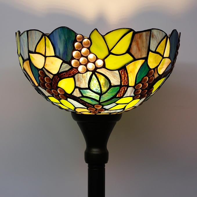 Tiffany Floor Lamp Torchiere Stained Glass Torch Lamp 12X12X67 Inch Antique Standing Corner Light (Amber Grape)