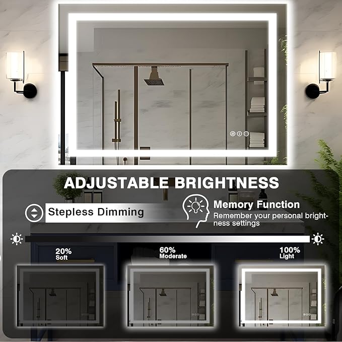 48"x36" LED Bathroom Mirrors for Wall, Front and Backlit Mirror, Anti-Fog Vanity Mirror with Lights, Stepless Dimmable Lighted Mirror, 3 Colors Smart Mirror (Horizontal/Vertical)