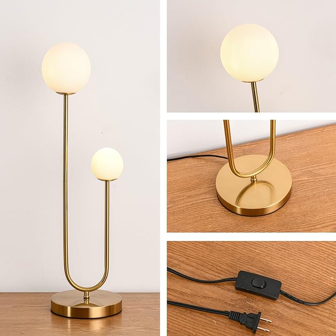 Mid Century Gold Globe Table Lamp Modern U-Shape 2-Light Desk Table Light with Milk White Glass Shade Metal Base Nightstand Lamp for Bedroom Bedside,G9 Bulb(Not Included)
