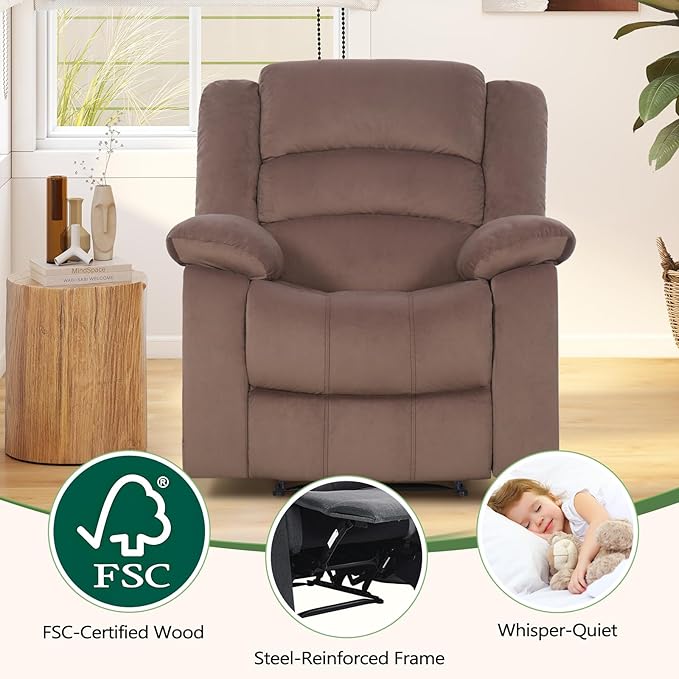ANJ Fabric Recliner Chair with Overstuffed Arm and Back, Comfy Chocolate Manual Reclining Chairs for Adults, Living Room Single Sofa Recliners