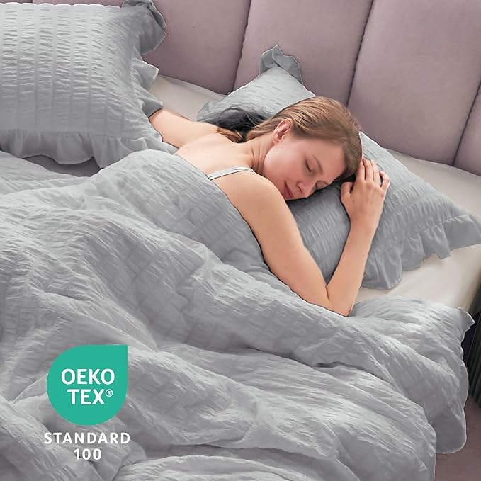 JOLLYVOGUE Light Grey Comforter Full Size, 3 Pieces Seersucker Lightweight Full Size Bedding, All Season Fluffy Microfiber Bedding Comforter Set with 1 Ruffle Comforter and 2 Ruffle Pillowshams
