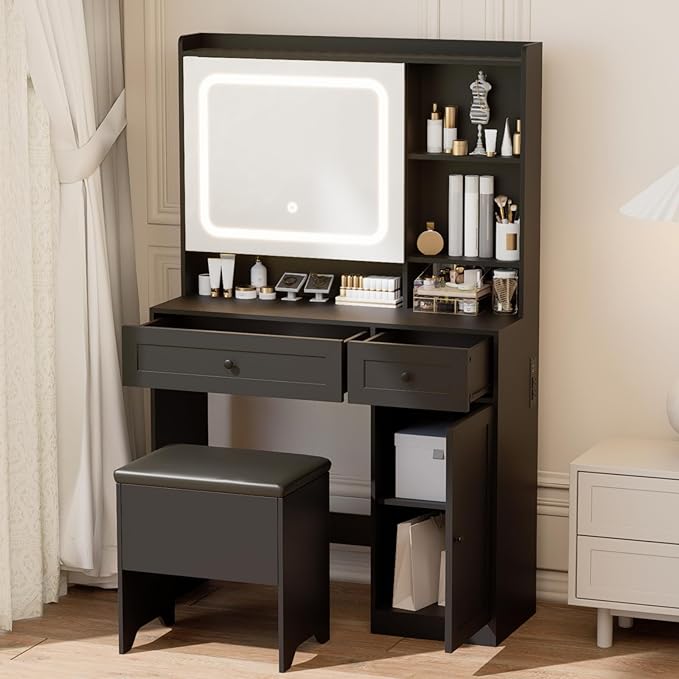Vanity Table with Hidden Storage & LED Mirror - Includes Padded Stool, 5 Compartments, 2 Drawers & 1 Storage Cabinet - Ideal Bedroom Makeup Dressing Table Black