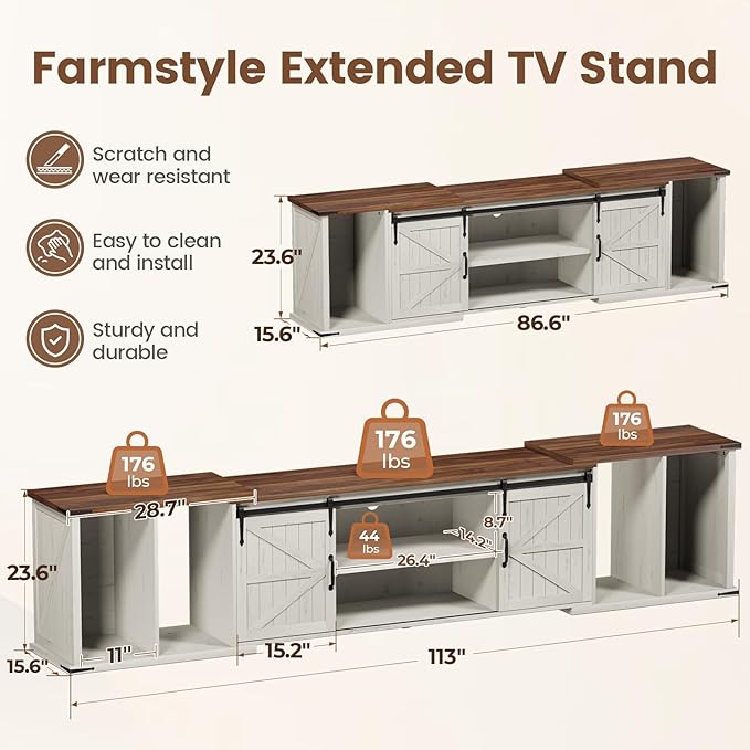 Extendable TV Stand, Entertainment Center for 85 95 105 Inch TV, Farmhouse TV Stand with Large Capacity Storage and Sliding Doors, Media Console for Living Room, Length 86"-113", White
