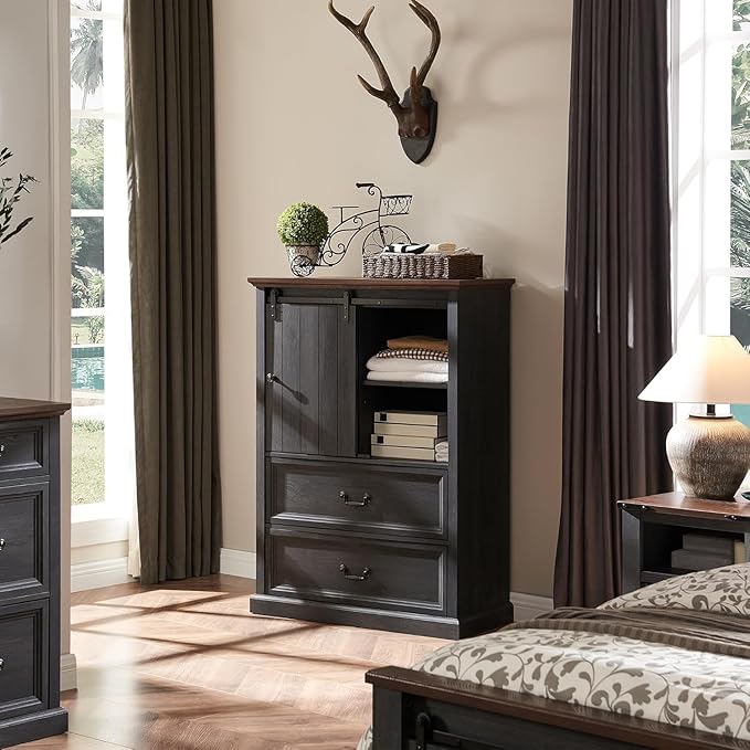 Farmhouse 5 Drawers Dresser for Bedroom, 47" Tall Chest of Drawers w/Sliding Barn Door, Rustic Wood Dressers Organizer w/Adjustable Shelves for Bedroom, Hallway, Living Room, Kitchen, Dark Grey