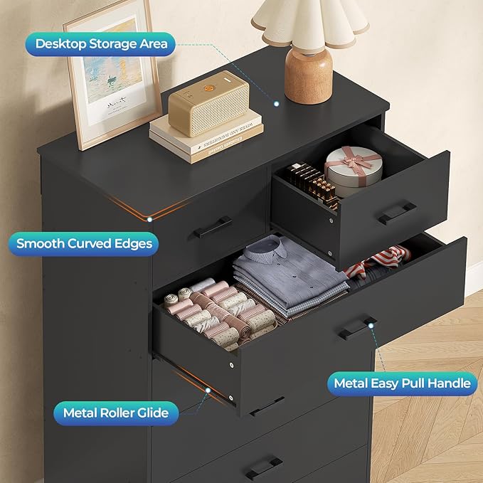 DICTAC Black Dresser for Bedroom with 7 Drawers, 55.7" Tall Dressers Chest of Drawers, Modern Large Wood Storage Dresser Organizer with Metal Handle, Vertical Dressers for Bedroom Living Room Nursery