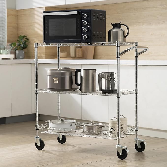 VEVOR Kitchen Utility Cart, 3 Tiers, Wire Rolling Table with 661 LBS Capacity, Steel Service Desk on Wheels, Metal Storage Trolley with 80 mm Deep Basket Curved Handle PP Liner 6 Hooks