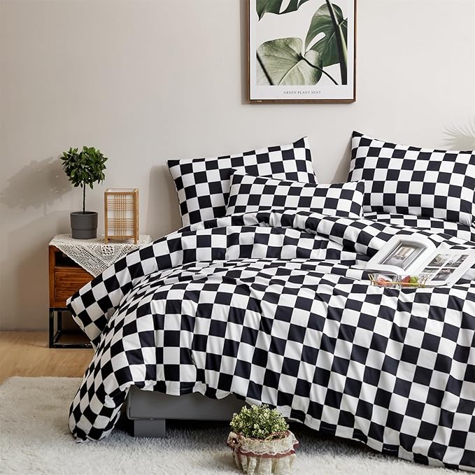 CLOTHKNOW Black White Plaid Full Size Comforter Sets 3Pcs Grid Bedding Comforter Sets Black White Comforter Soft Checkered Comforter with 2 x Pillow Cases