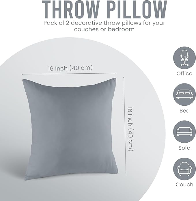 Utopia Bedding Throw Pillows Insert (Pack of 2, Grey) - 16 x 16 Inches Bed and Couch Pillows - Indoor Decorative Pillow