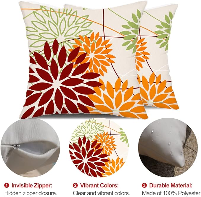 Red Orange Fall Pillow Cover 16X16 Inch Set of 2 Outdoor Waterproof Floral Orange Decorative Pillowcase Decor for Couch Patio Funiture Garden Print Polyester Cushion Cover 01N18