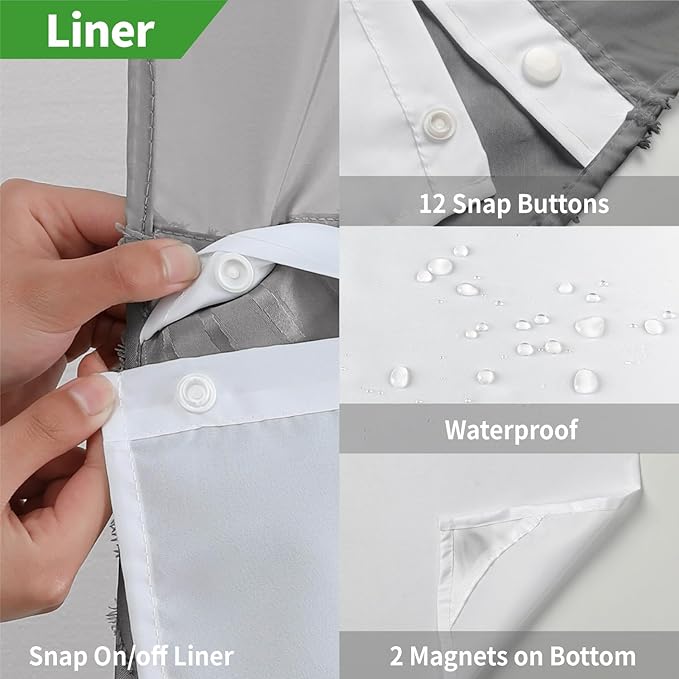 stall no Hook Tufted Shower Curtain with snap in Liner Set, White Waterproof Fabric Inner Liner,Boho Style Shower Curtain with See Through top Window, WarmGrey, 54Wx80H