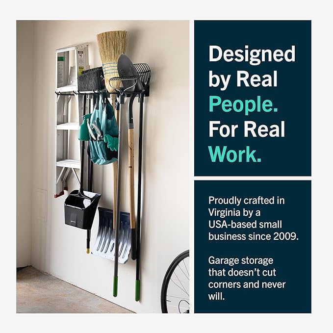 StoreYourBoard Wall-Mounted Rack With 4 Garage Hooks – Heavy-Duty Steel Holder Garage & Garden Storage for Shed, Workshop, or Home Organization – For Rakes, Shovels, Tools & More – 1 Pack, Black