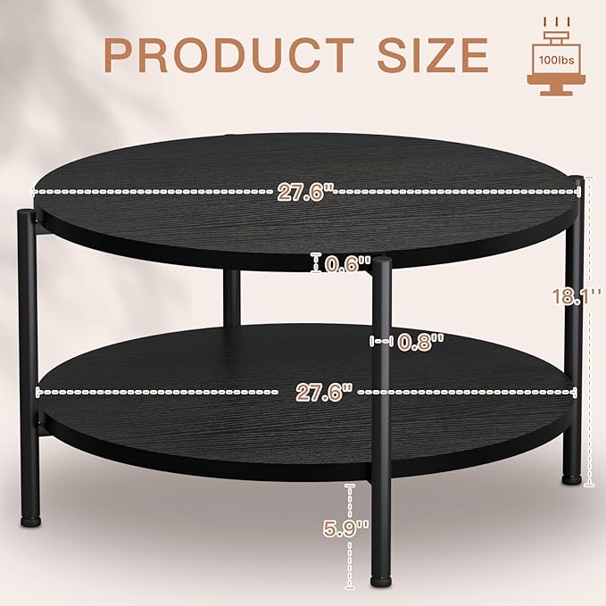 Round Coffee Table, 27.6" Circle Coffee Table for Living Room, 2-Tier Wood Accent Center Table with Open Storage Industrial Design Home Furniture, Black