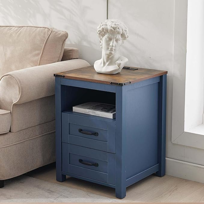 Farmhouse Night Stand Set of 2, Rustic Blue Nightstand for Bedroom, End Tables with Charging Station, Bedside Table with Drawers, Wood Bedside Cabinet Dresser