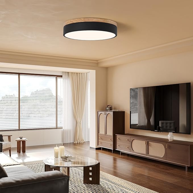 Led Flush Mount Ceiling Light: 11.8" Dimmable 5CCT Overhead Ceiling Lighting Fixture - Morden Black Round Close to Ceil Lights - Flat Wood Minimalist Light Fixtures for Living Room Laundry Bedroom
