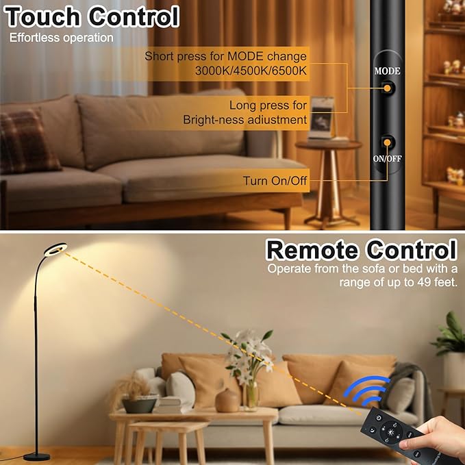 Floor Lamp, LED Reading Light, Bright Modern Tall Lamps, 3 Color Temperatures & Adjustable Brightness Gooseneck Standing Lamp with Remote & Touch Control for Living Room, Bedroom, Office