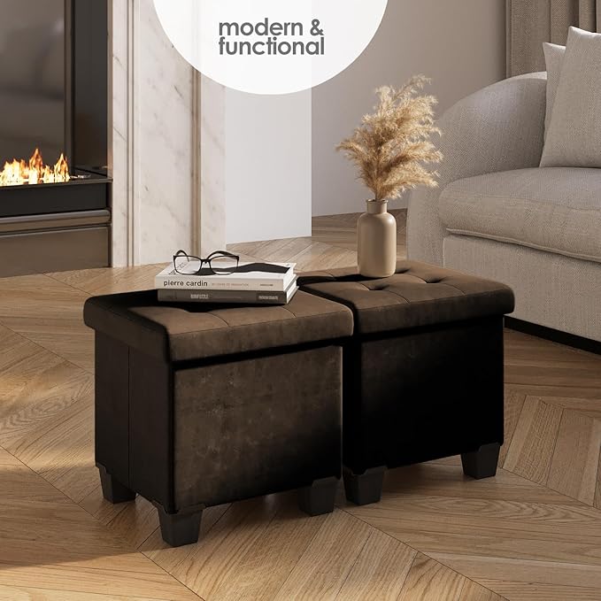 STORAGEBUD Storage Ottoman Cube with Small Bin, 15-in Square Ottoman with Storage for Living Room and Bedroom, Small Ottomans Foot Rest, Velvet Foot Stools Ottomans Max 330lbs, Brown