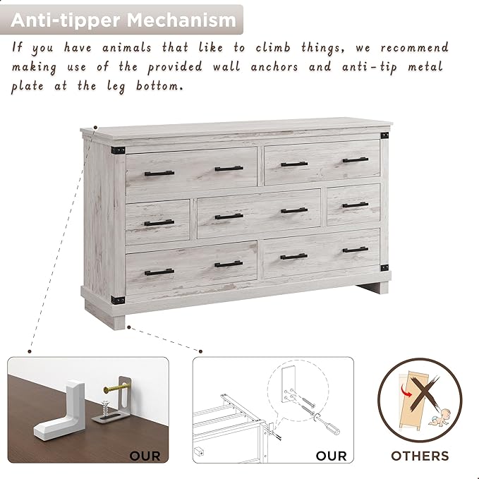 Farmhouse 7 Drawers Dresser for Bedroom, Wood Large Chest of Drawers with Thick Plank Styling, Rustic Closet Dresser for Bedroom, Living Room, Antique Brush White