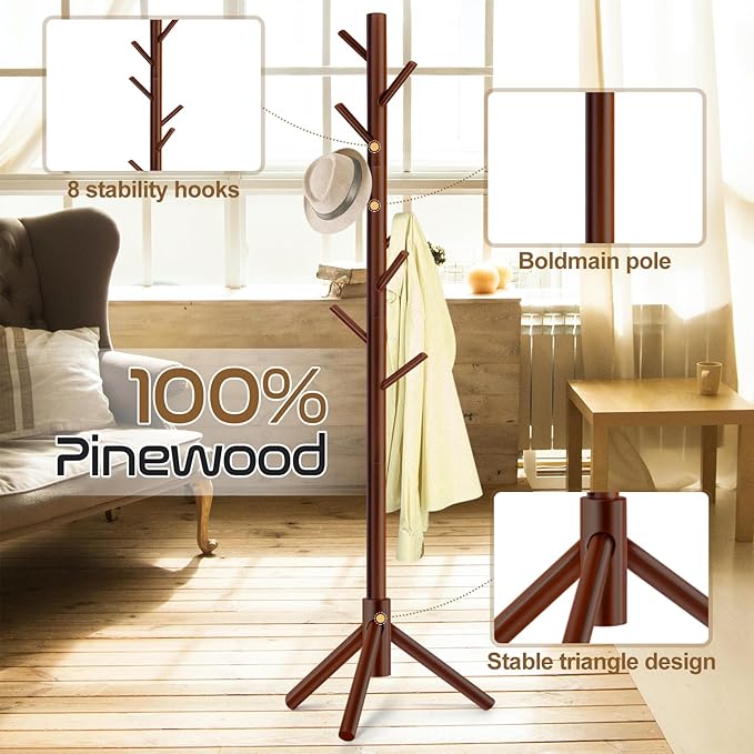 2PCS Solid Wooden Coat Rack Freestanding, New Zealand Pine Coat Tree with 8 Hooks & 3 Adjustable Sizes for Coats, Hats, Handbags and Scarves, Space Saving for Entryway/Office/Bedroom (Brown)