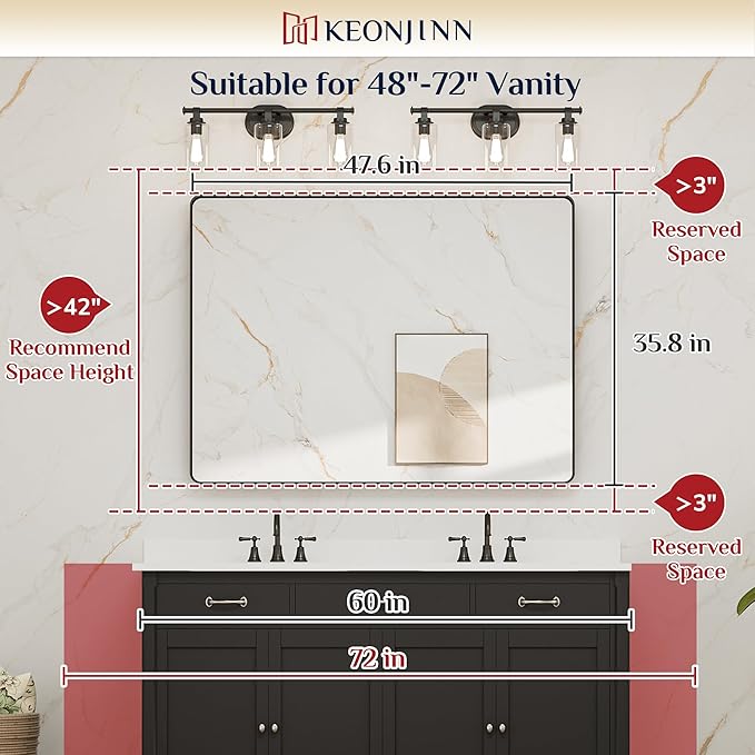 Keonjinn 48 x 36 Brushed Nickel Bathroom Vanity Mirror, Large Rounded Rectangle Bathroom Mirrors for over Sink, Metal Framed Silver Mirror for Wall, Shatterproof HD Tempered Glass(Horizontal/Vertical)