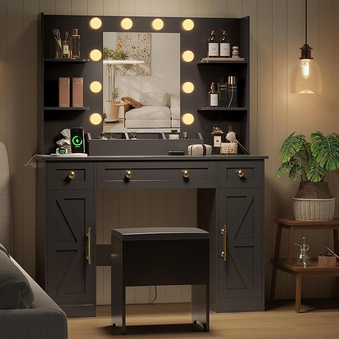 Vanity Makeup Desk with Mirror and Lights, Farmhouse Vanity Table Set with Storage Drawers, Charging Station & Chair, 43" Large Rustic Dressing Table, 3 Lighting Modes for Women Girls Bedroom, Black