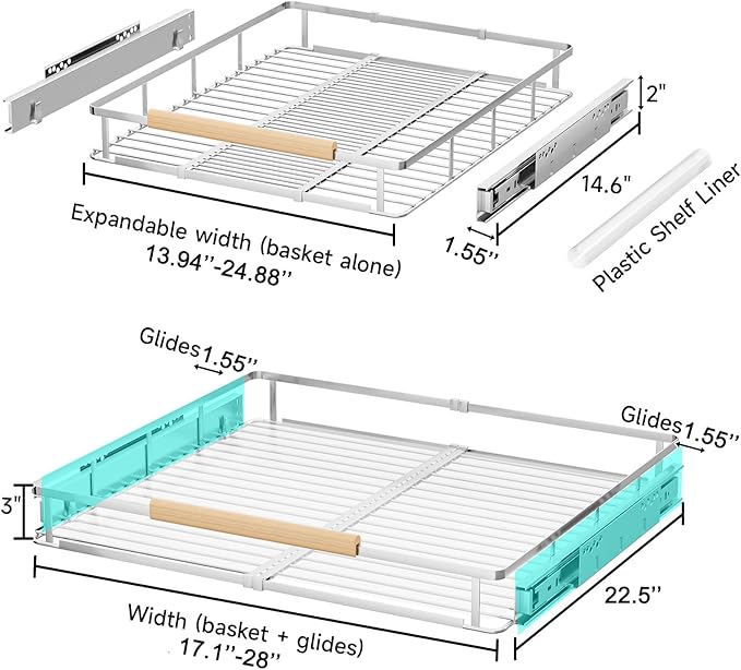 2Pack Expandable Pull Out Cabinet Organizer, Slide Out Drawers for Kitchen Cabinets, Heavy Duty Drawer Slides for Home Kitchen Pantry Cupboard Pots Pans, Adjustable Width 17.1"~28.1" W x 22.5''D
