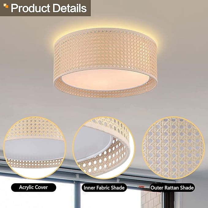 WINGBO 20" Modern 5-Light Flush Mount Ceiling Light Fixture with Rattan & Fabric Double Drum Shade for Bedroom Living Room Dining Room Hallway Entryway, Khaki